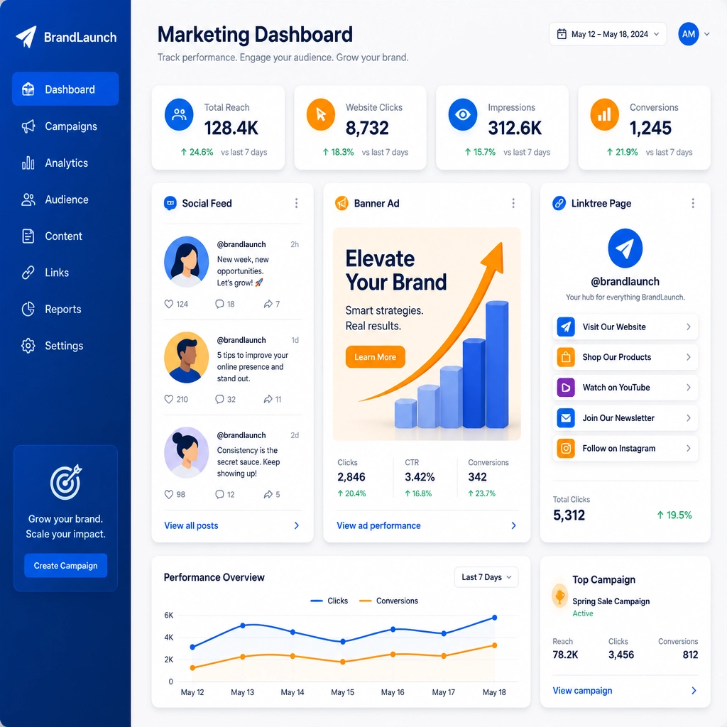 A blocky, card-based UI illustration representing a marketing dashboard showing a 'Social Feed', a 'Banner Ad', and a 'Linktree Page' list.