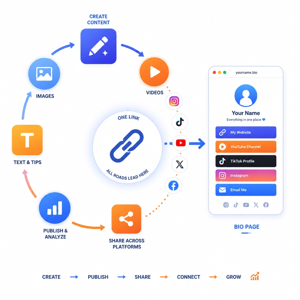 A minimalist flat illustration of a digital content funnel. A continuous loop of geometric shapes (triangles, squares, circles) representing content creation, leading into a central 'link' icon. The style is clean with soft rounded corners, vibrant blue and orange gradients, and a white background. It represents the flow from social media content to a bio-page.