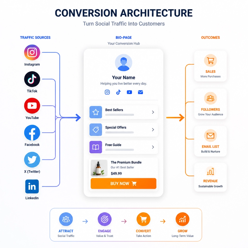 A minimalist flat illustration showing a 'Conversion Architecture' framework. A central card-based layout representing a bio-page with a clear 'Buy Now' button in bright orange. Surrounding the page are clean geometric icons representing different social media traffic sources (circles and squares) flowing into the bio-page. The design uses smooth blue-to-orange gradients, subtle drop shadows for elevation, and a crisp vector style with ample white space.