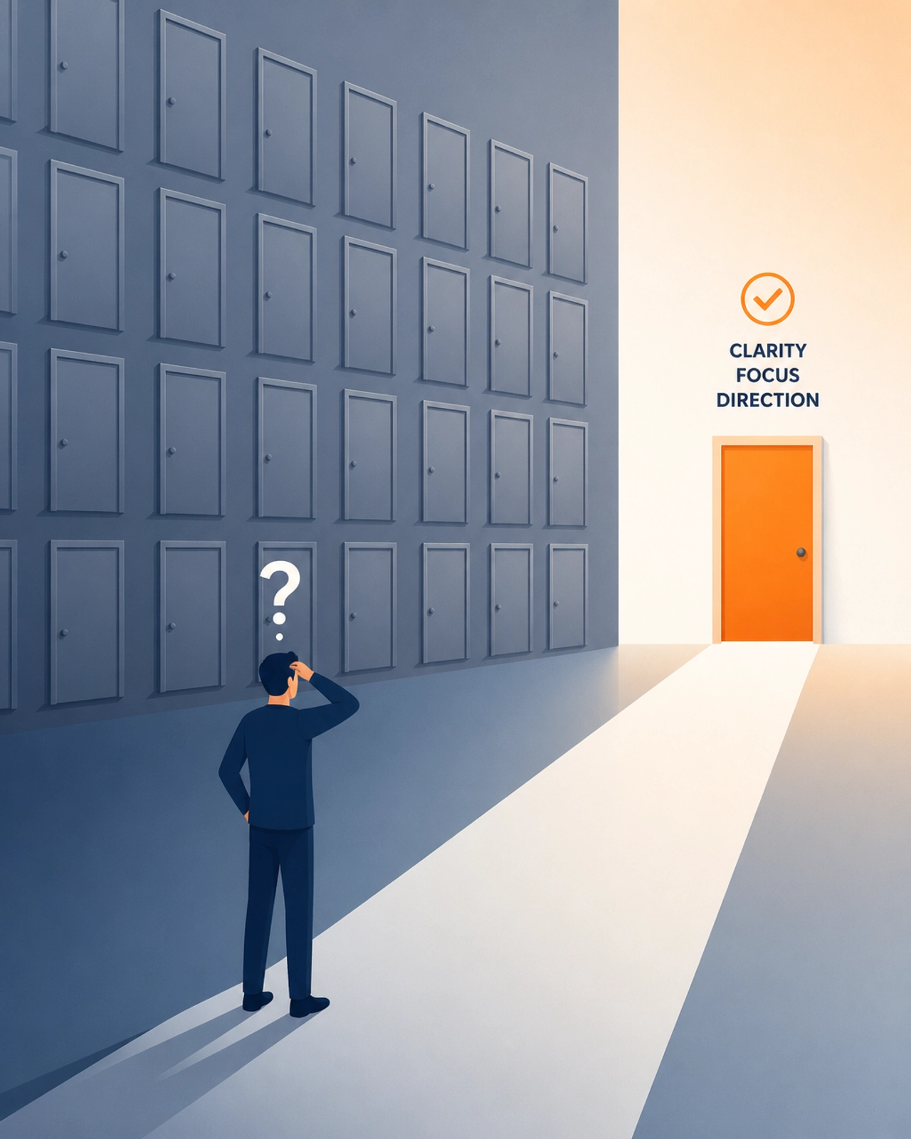 A minimalist flat illustration showing a figure standing before a wall of gray doors, with one single bright orange door representing the clear, focused path.