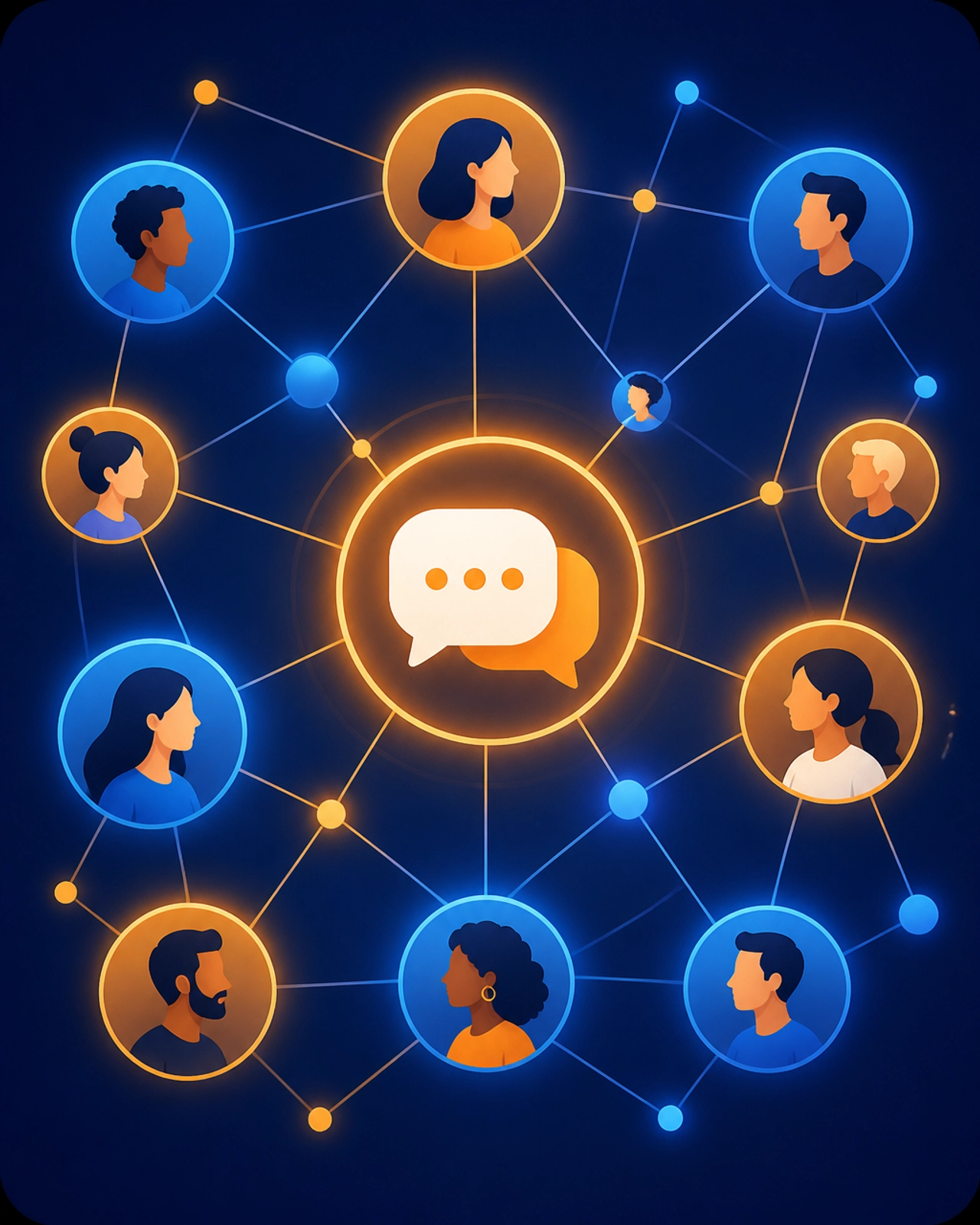 A minimalist illustration of a community network with profile avatars connected by glowing lines and a central chat icon.