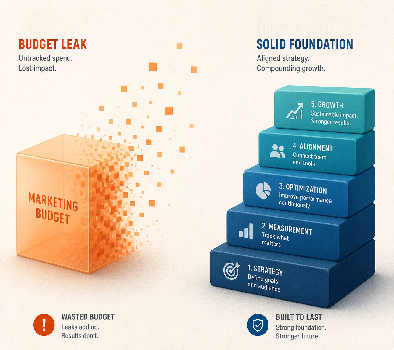 Illustration of marketing budget waste compared to a solid foundation for banner advertising.