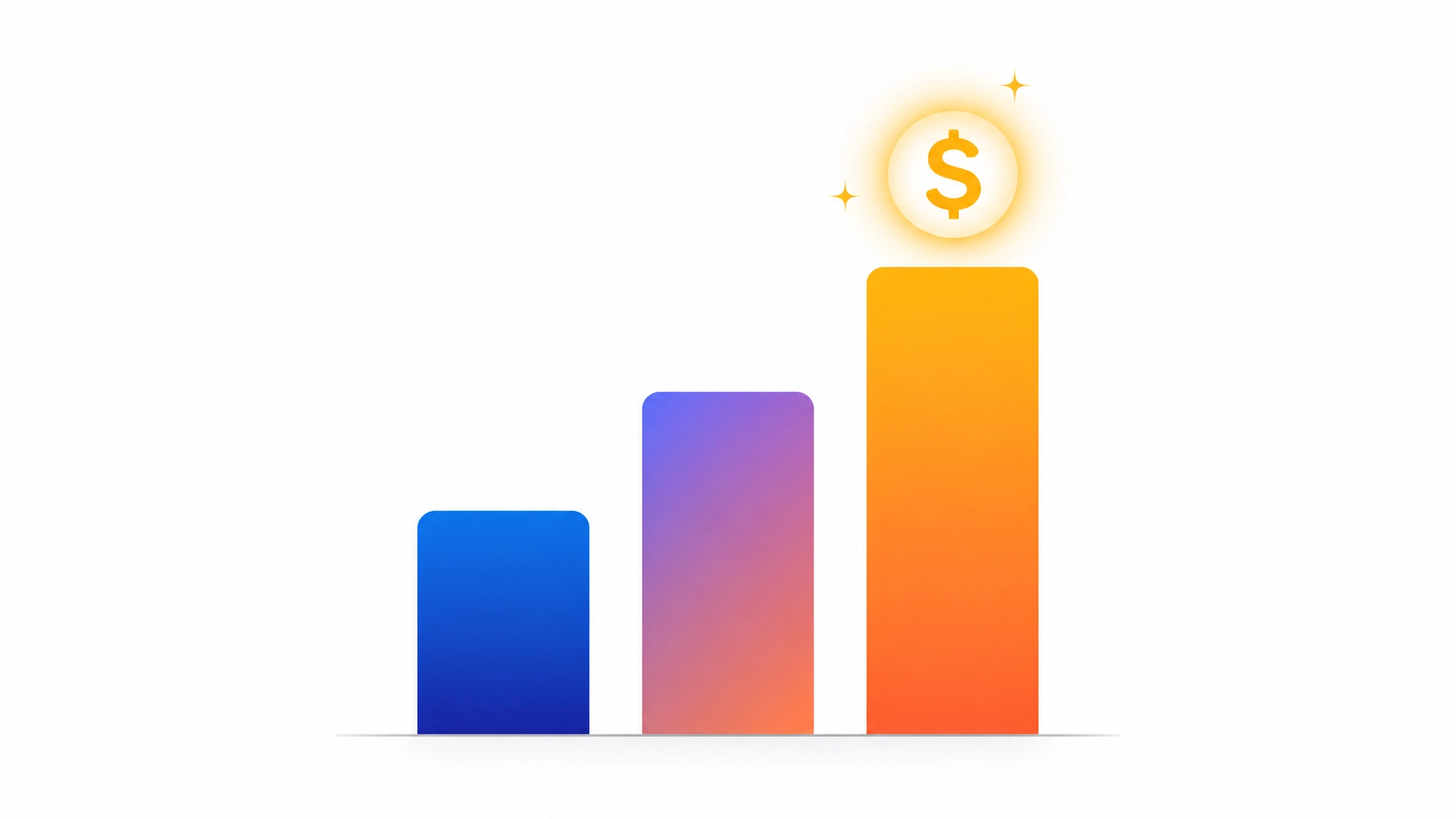 Minimalist digital illustration showing a bar chart with increasing gradients and a glowing dollar sign representing ROI and growth