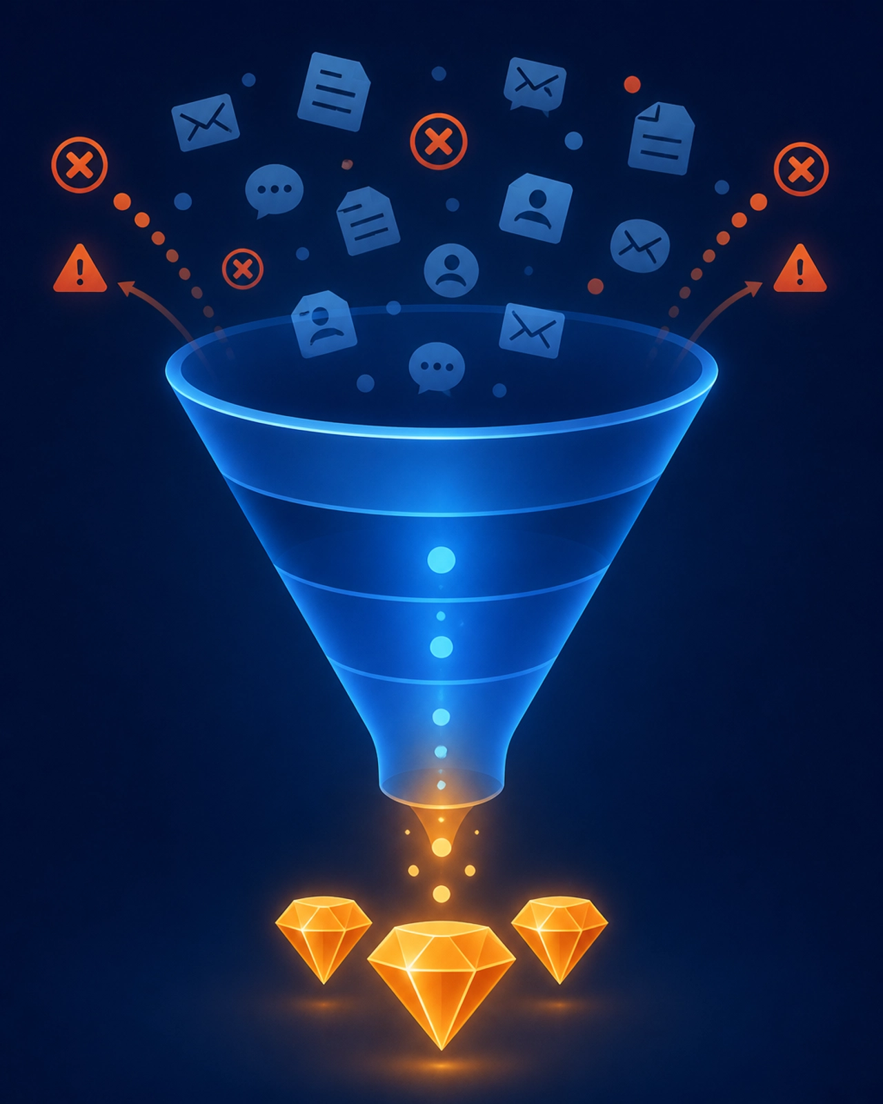 Conceptual illustration of a digital marketing funnel filtering out spam for high-value conversions