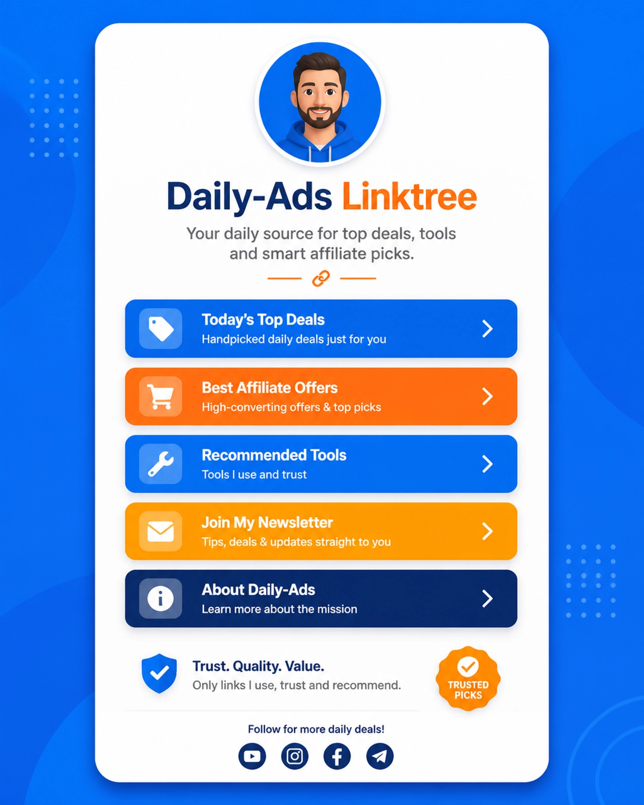 Daily-Ads Linktree interface showing organized buttons and professional layout