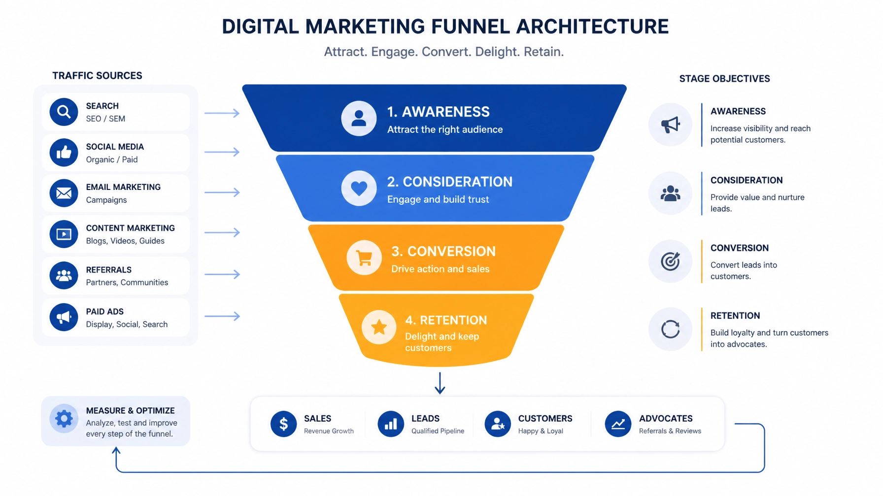 Digital marketing funnel architecture with clean geometric shapes