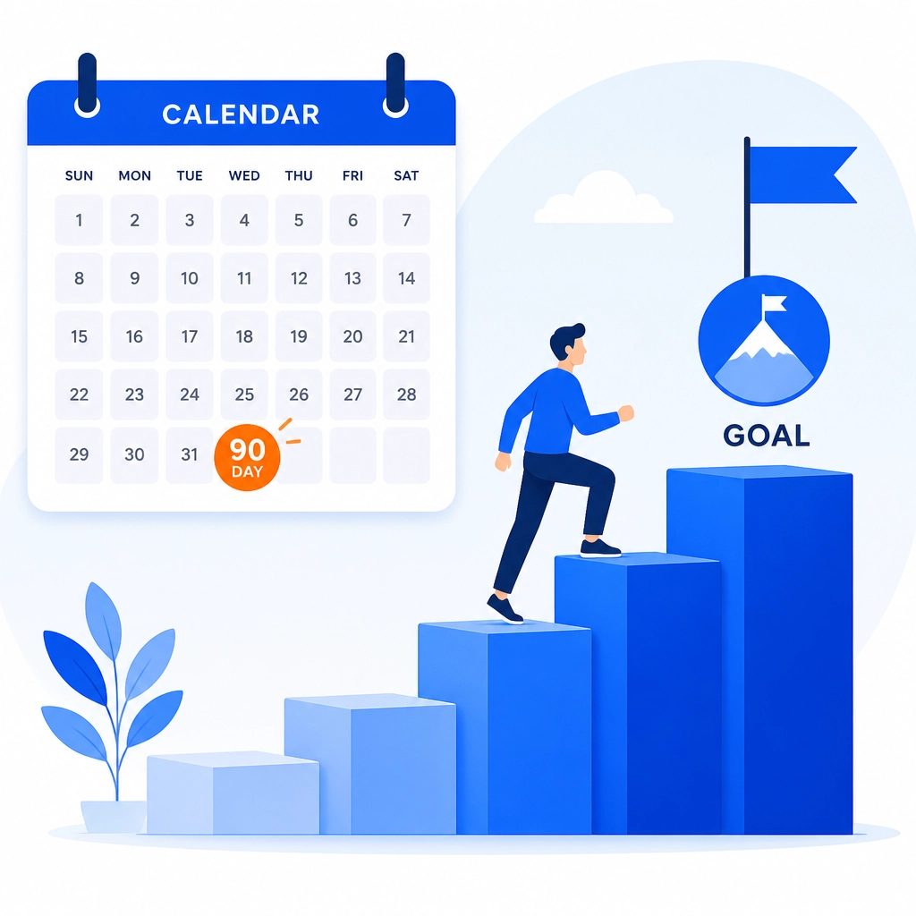 Minimalist illustration of a 90-day goal and a figure climbing a staircase.
