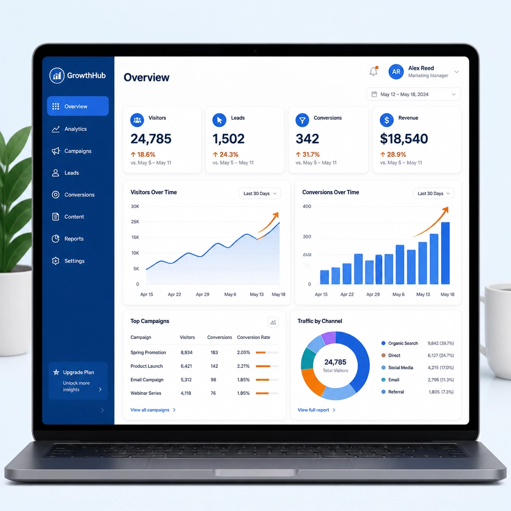 Professional marketing dashboard illustration in blue and orange.