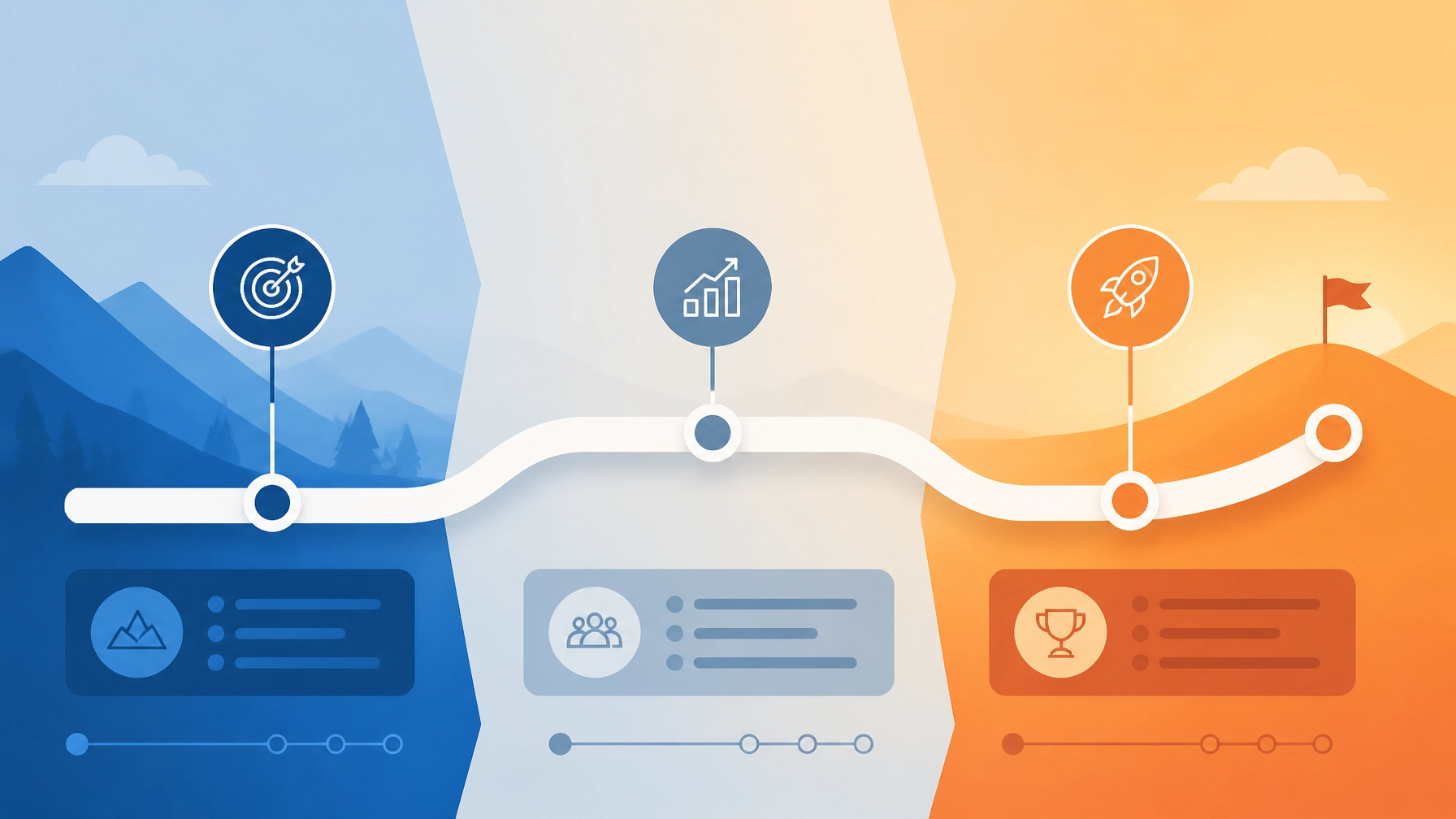 A 90-day timeline visualization using clean geometric blocks and professional blue-to-orange gradients.