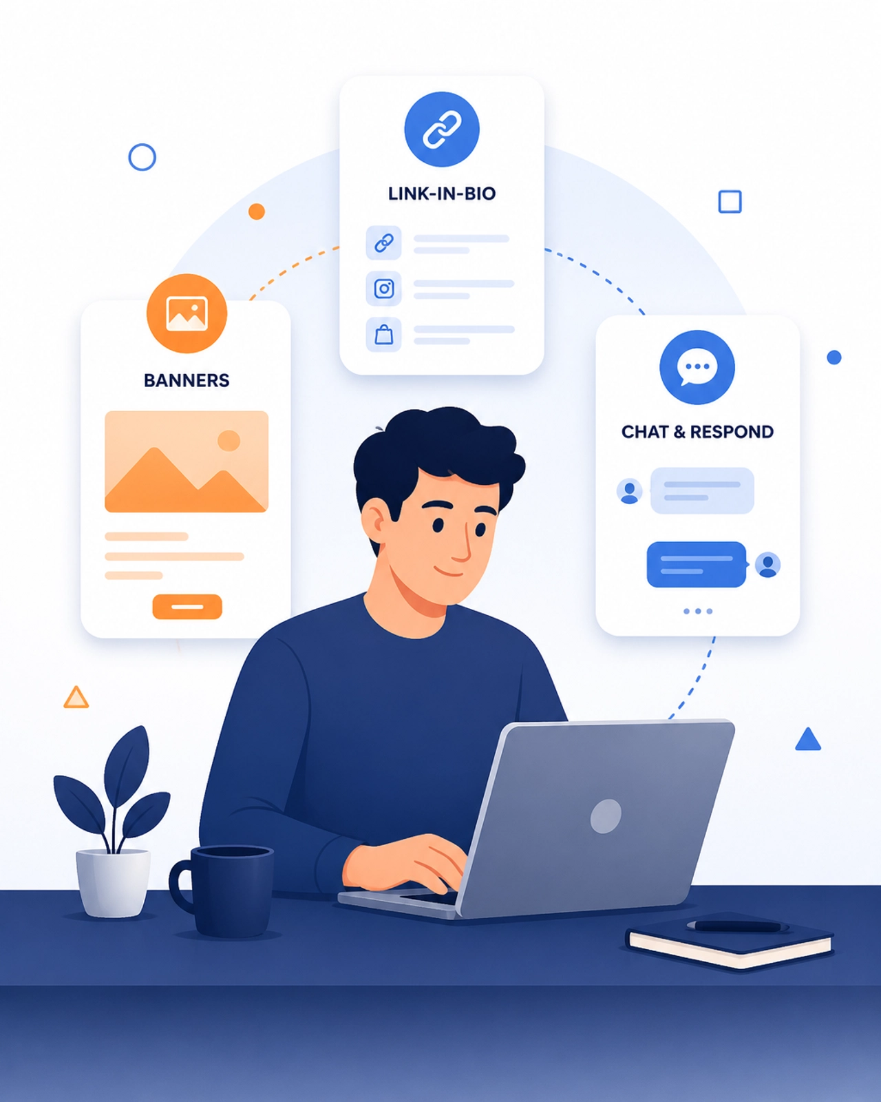 A focused minimalist illustration of an entrepreneur executing tasks within a unified marketing system.