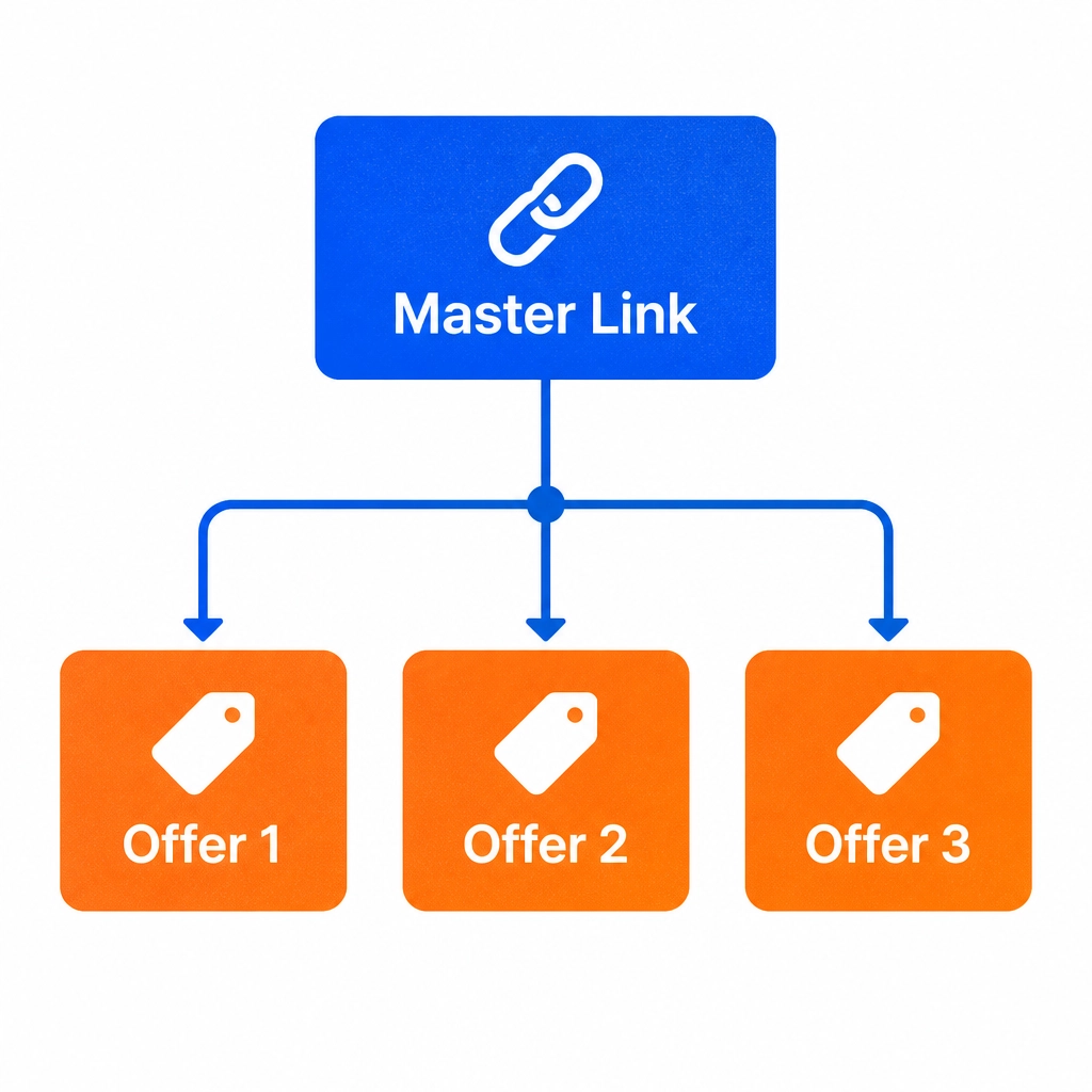 Minimalist flow chart of a master link splitting into three offer boxes