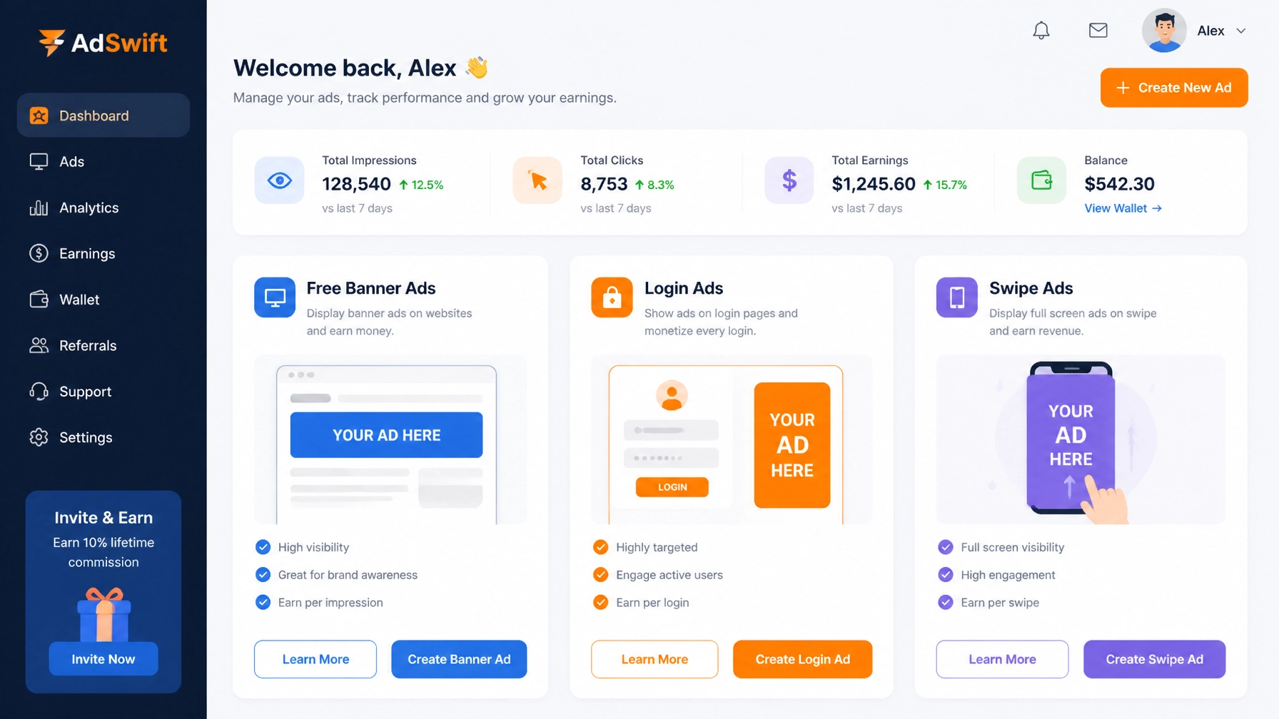 Modern SaaS platform dashboard showing free banner ads, login ads, and swipe ads in clean card layouts