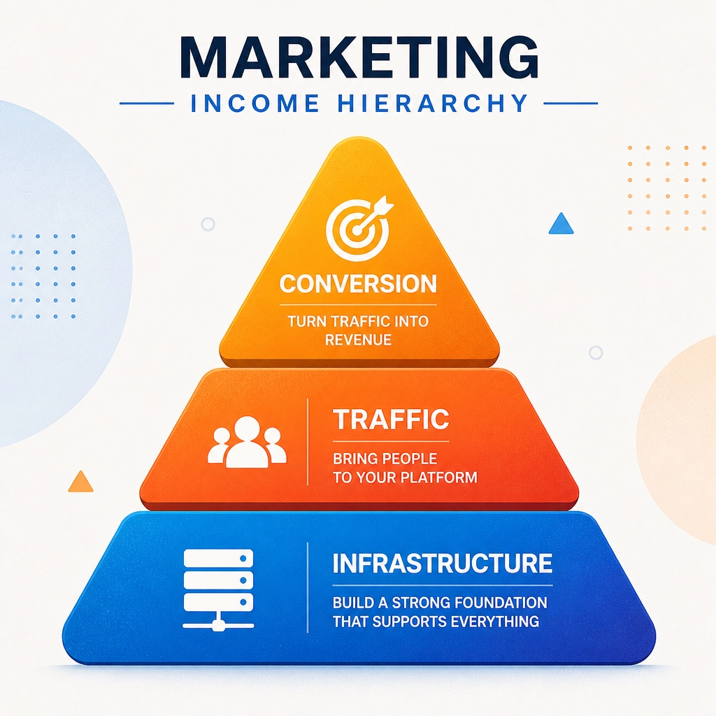 A Marketing Income Hierarchy pyramid showing Infrastructure, Traffic, and Conversion layers