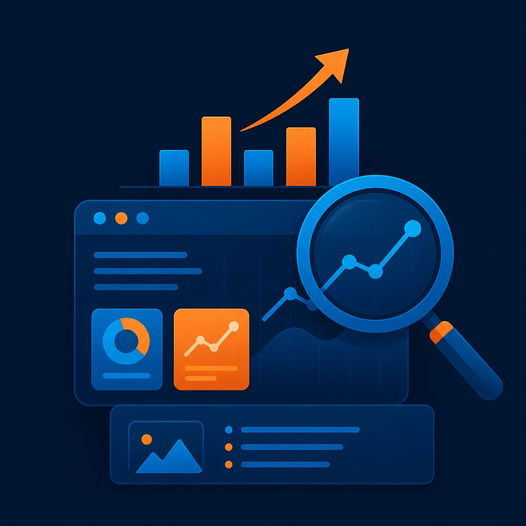 Minimalist flat illustration of bar charts and a magnifying glass.