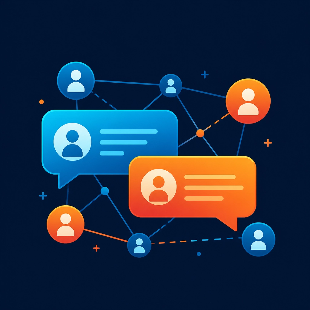Stylized chat bubbles and networking nodes.