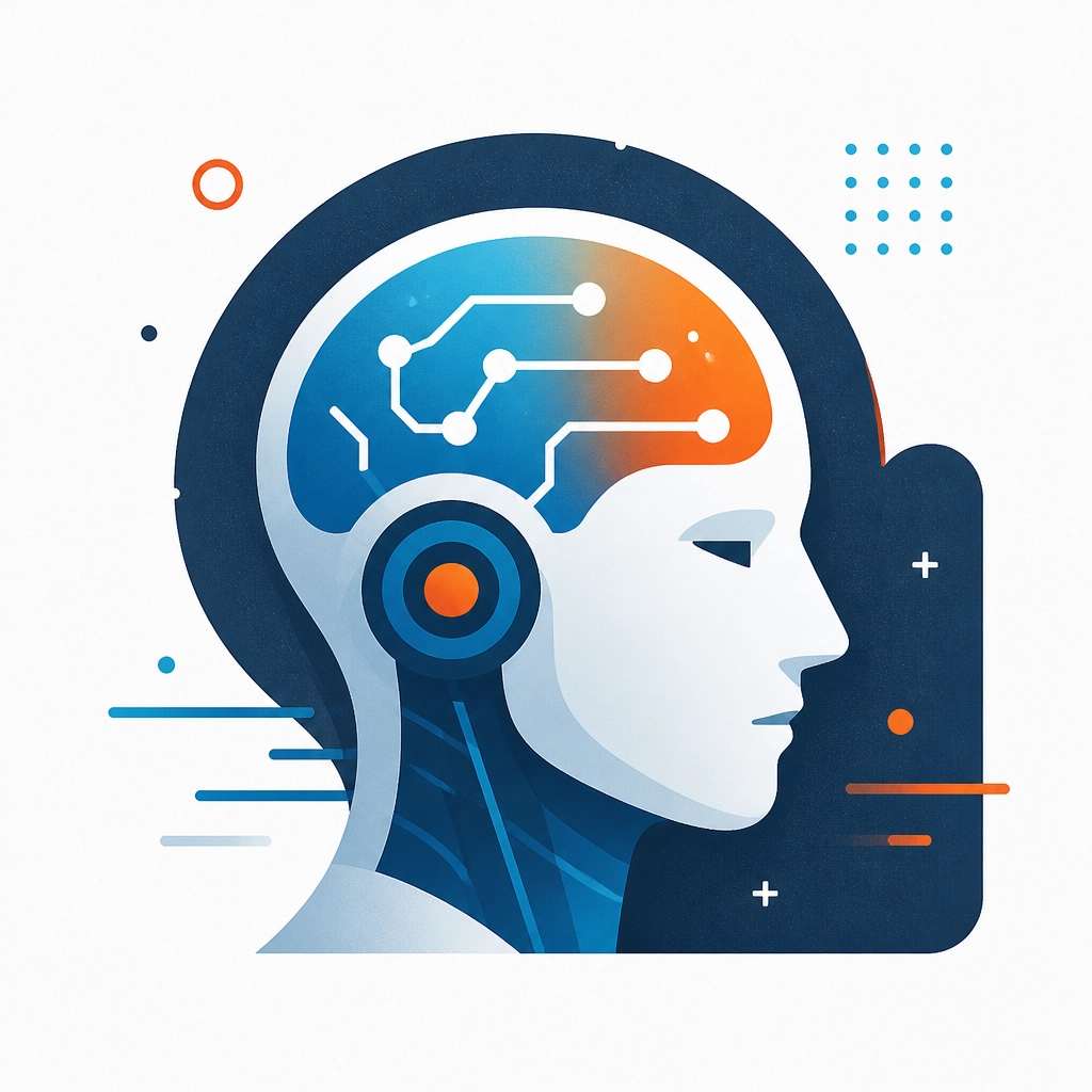 Abstract minimalist AI brain illustration in blue and orange.