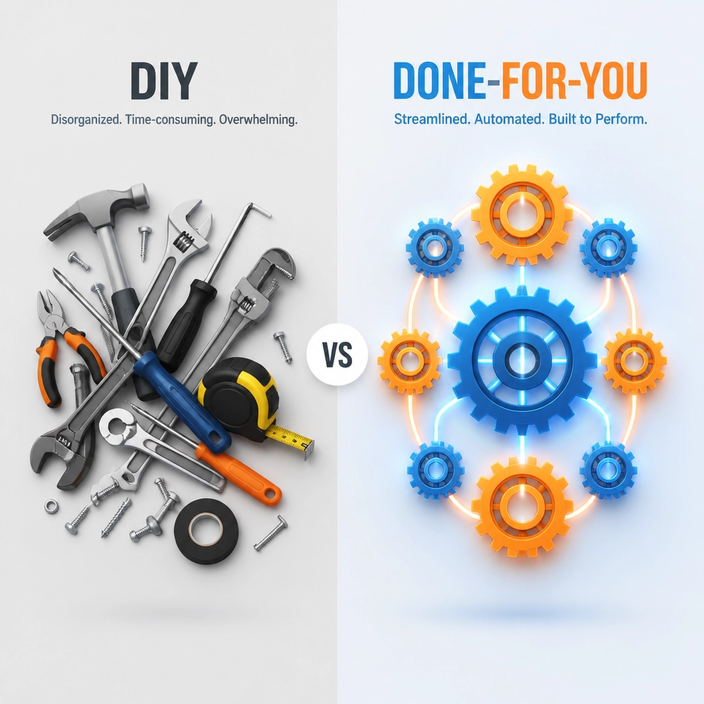 Comparison between a messy DIY toolbox and a streamlined DFY gear system