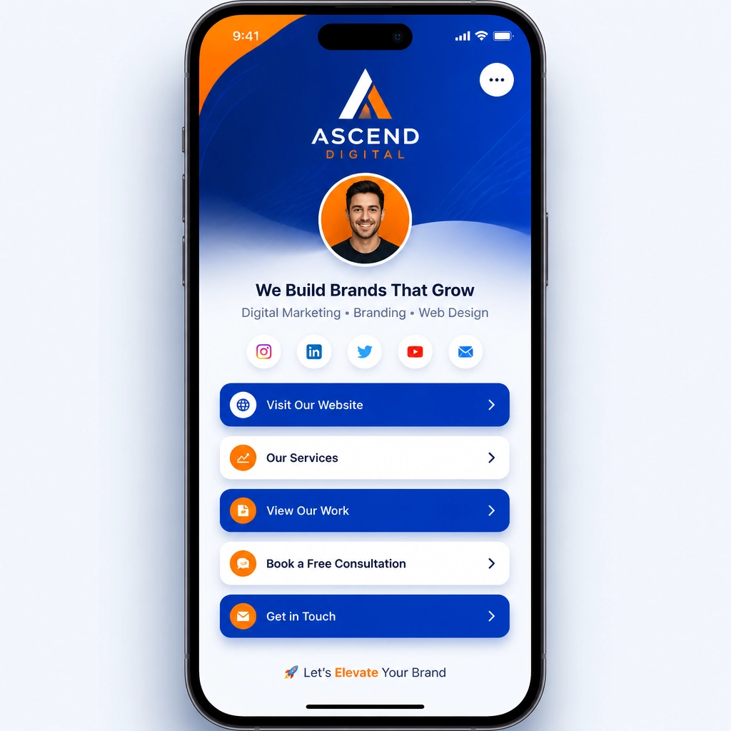 Mockup of a professional Linktree page with blue and orange accents