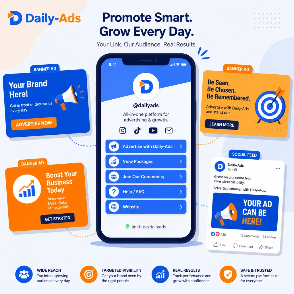 Flat illustration of Daily-Ads features including a Linktree page on a smartphone, banner ads, and social feed icons in a clean, geometric style.