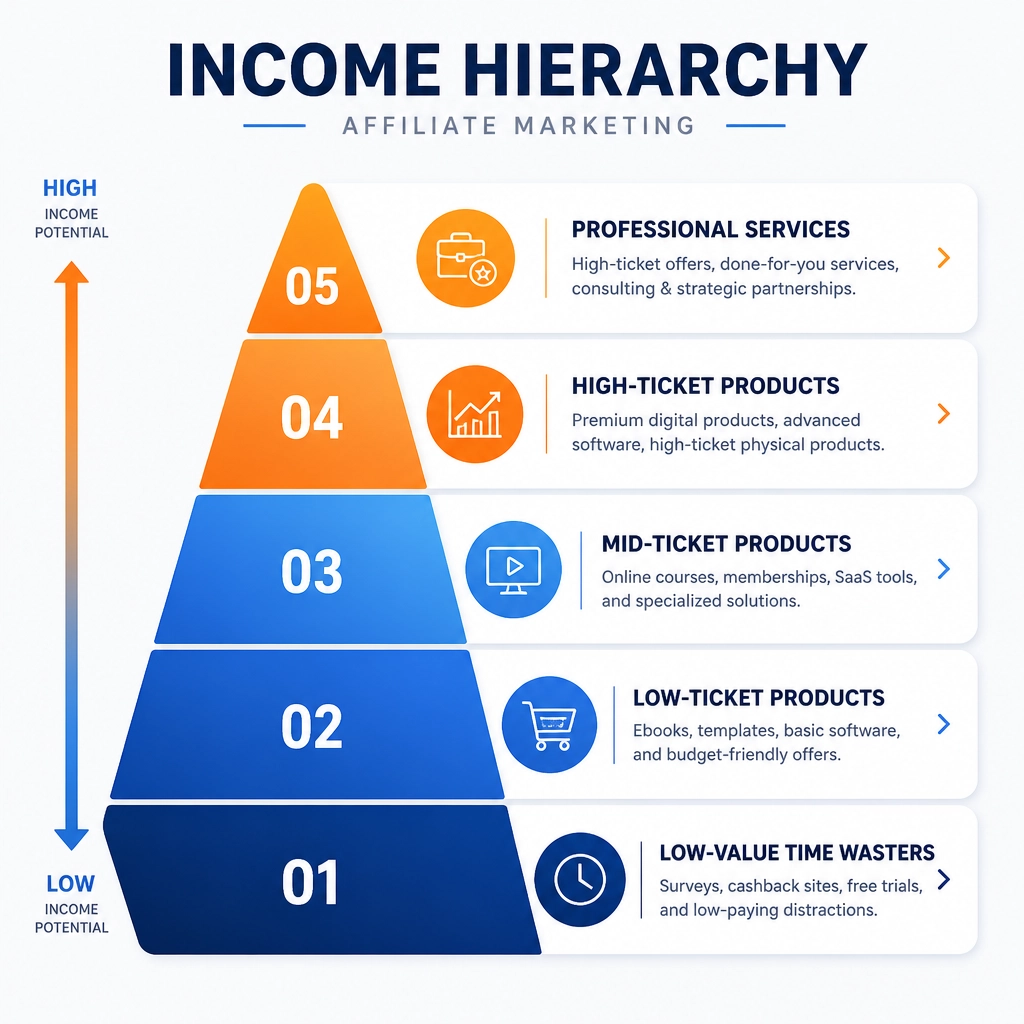 A minimalist diagram of an 'Income Hierarchy' pyramid using clean geometric shapes and blue/orange gradients, showing tiers from 'Low-value time wasters' to 'Professional services'.