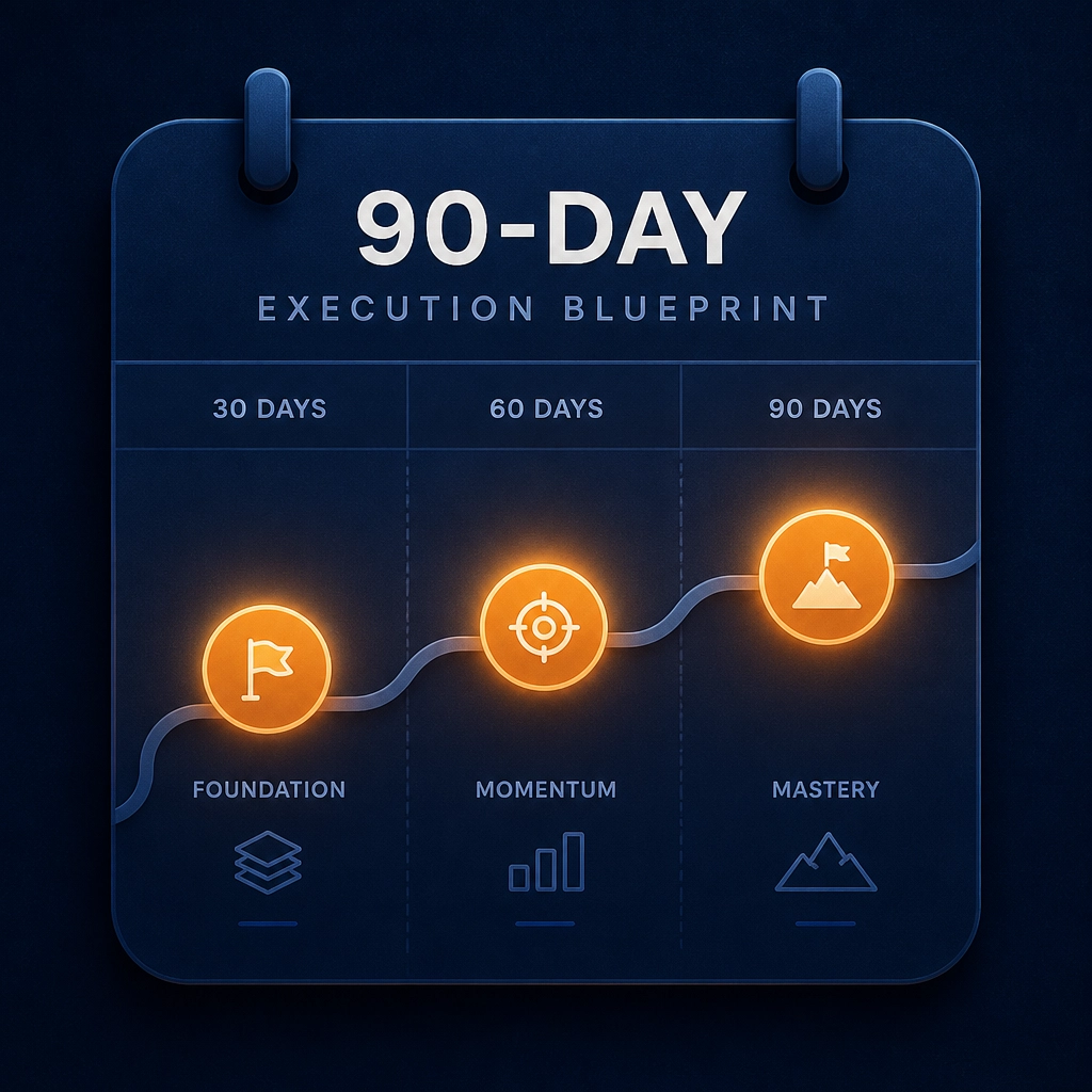 A minimalist 90-day 'Execution Blueprint' icon showing a roadmap with geometric milestones and smooth blue-to-orange gradients.