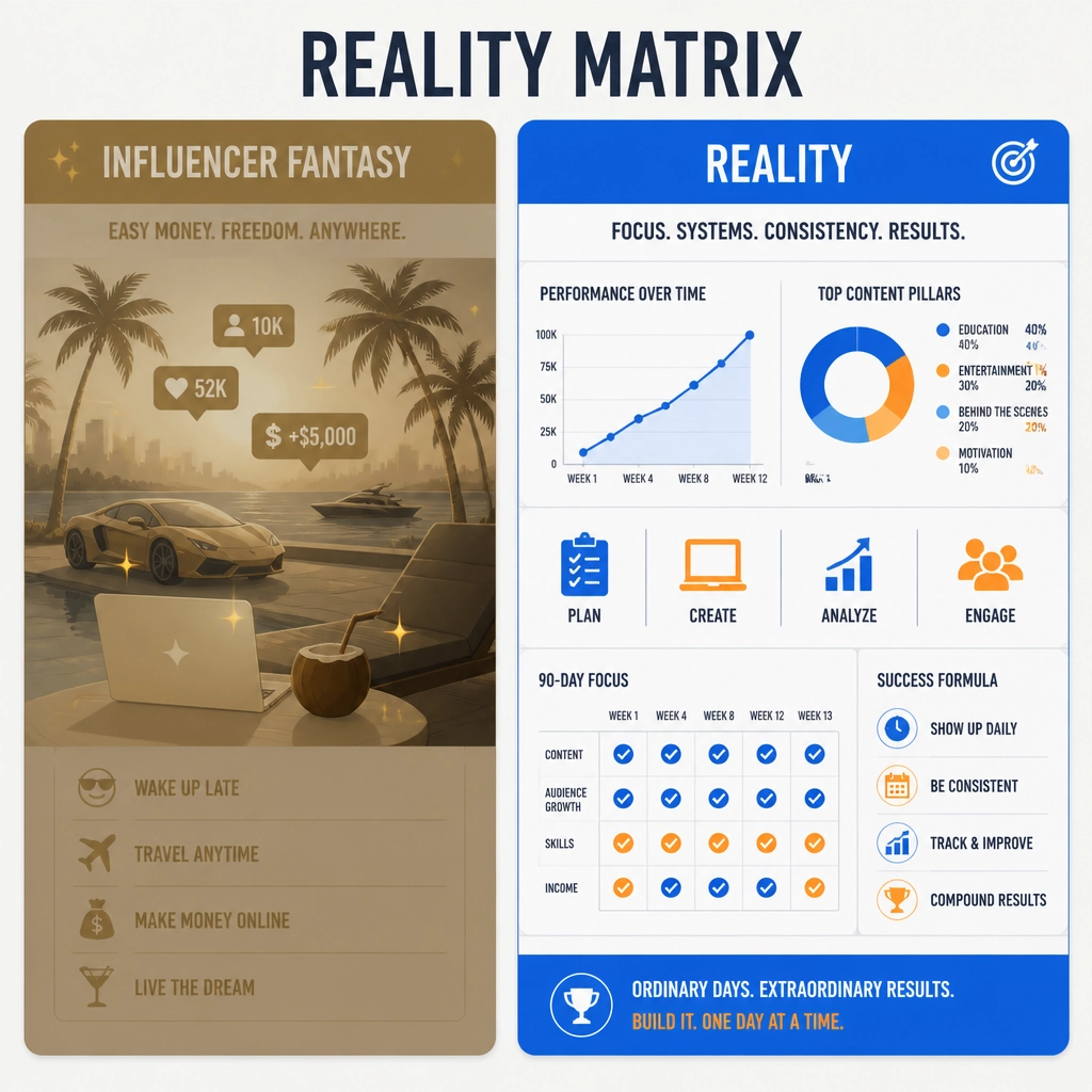 A Reality Matrix vs Influencer Fantasy comparison: Left card shows gold and palm trees (dimmed); Right card shows data charts, consistent work icons, and a 90-day calendar in vibrant blue and orange.