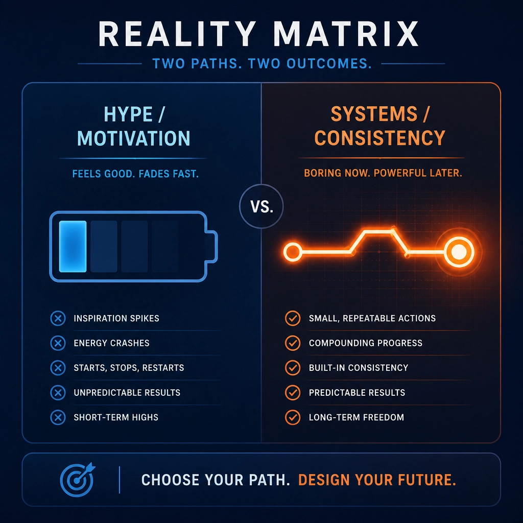 The Reality Matrix: Fading battery of motivation vs solid circuit of systems