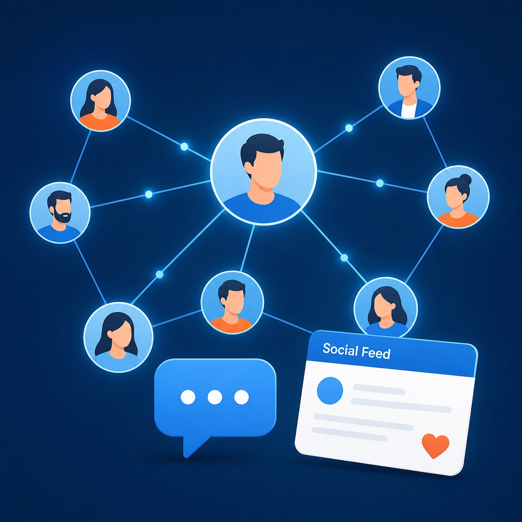 A minimalist digital illustration representing a community network with connected profile avatars and a social feed card in deep blue and orange tones.